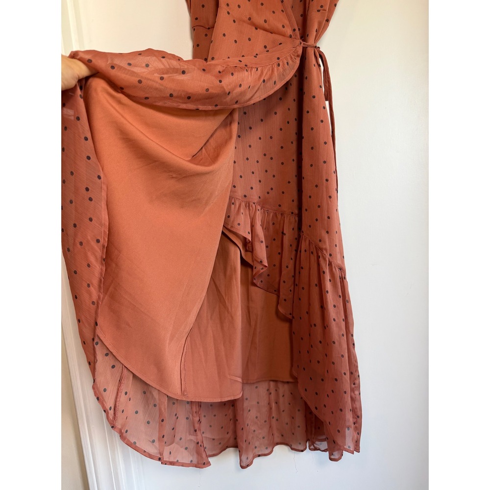 Abercrombie & Fitch Terracotta Polka Dot Wrap Midi Dress Flutter Sleeve M - Picture 4 of 8